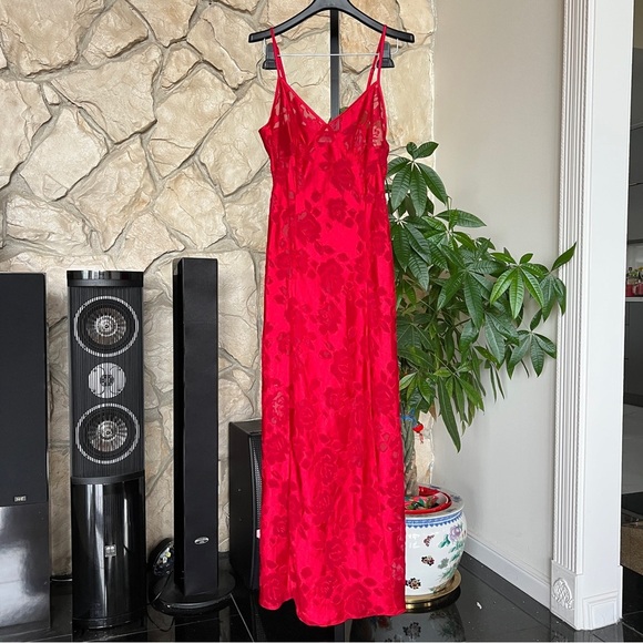 Victoria's Secret Other - 80s Vintage Victoria’s Secret Red Slit Leg Nightgown Floral Maxi Slip Dress